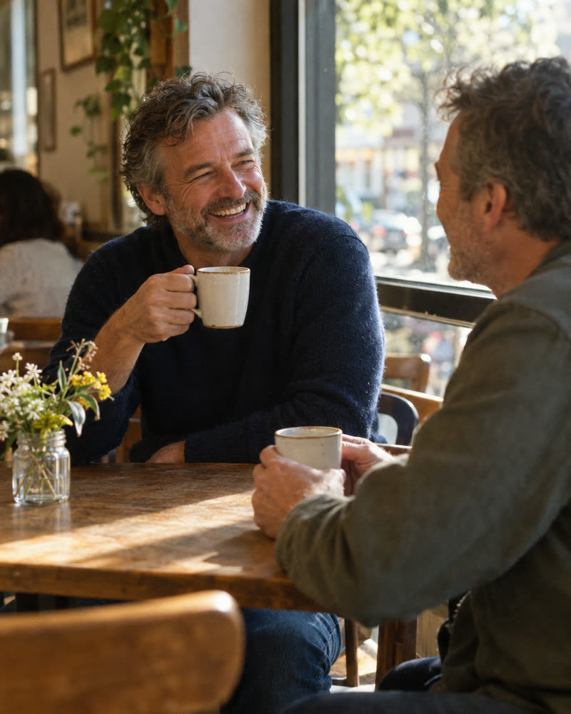 Two friends laughing over coffee at a cafe table.