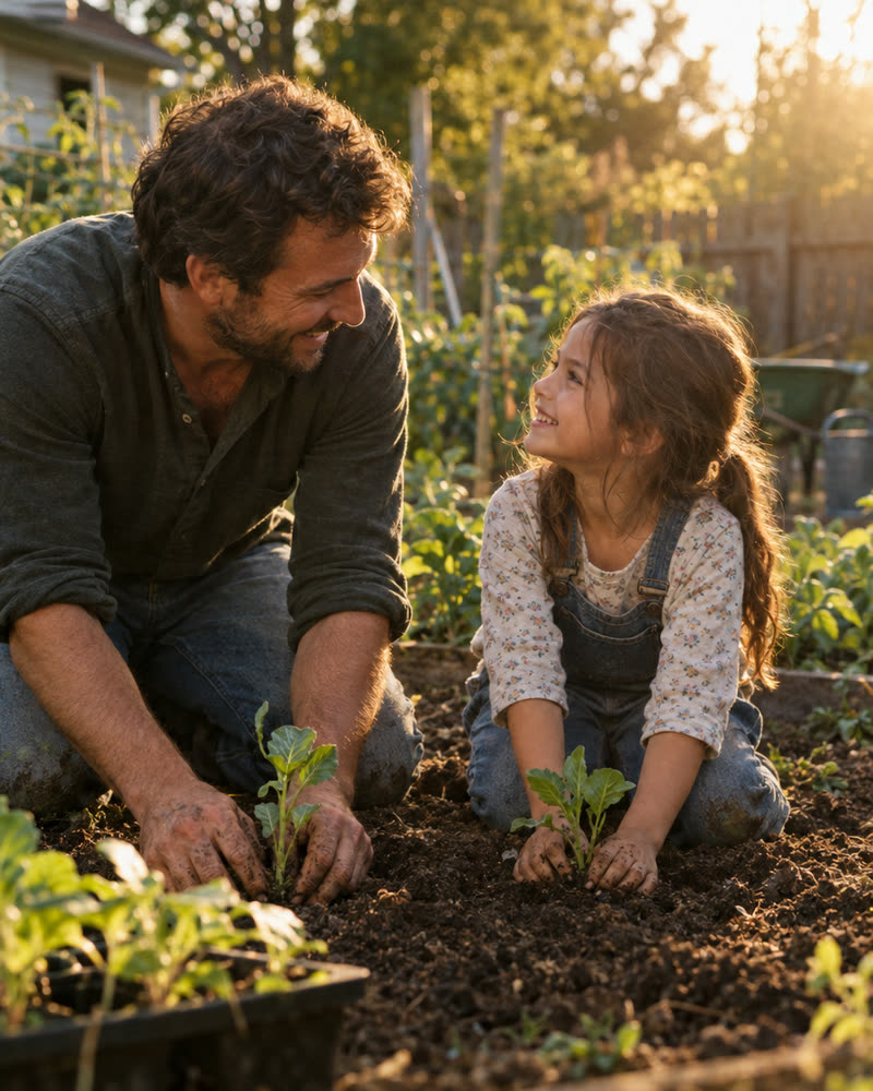 A father and his daughter planting seedlings together in the garden.