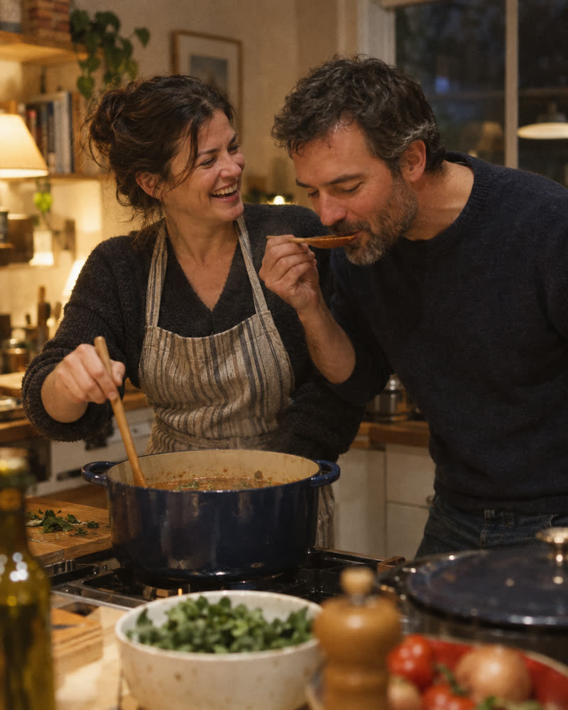 A husband and wife cooking dinner together, laughing.