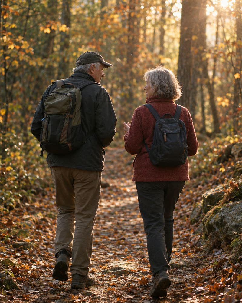 Two people walking and talking on an autumn forest trail.