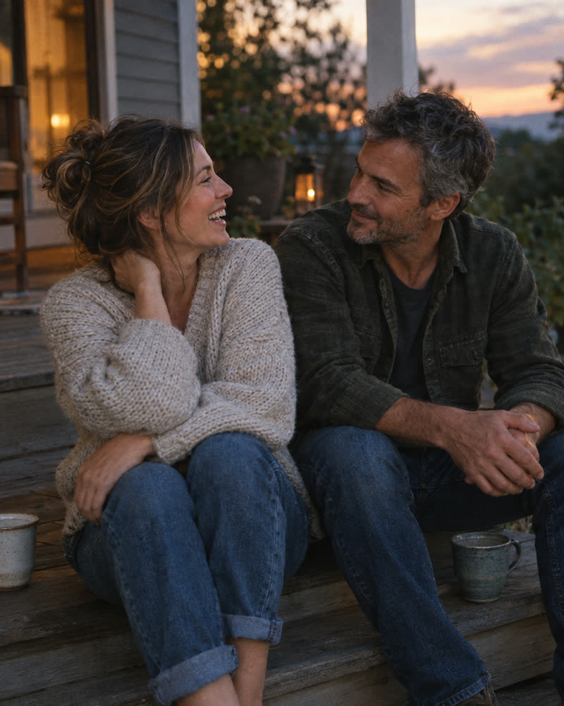 A couple sitting together on a porch step at dusk, laughing.