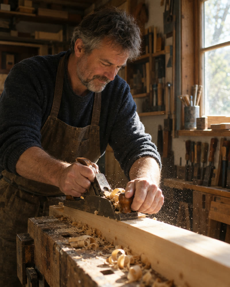 A man planing a board at a workbench in his workshop.
