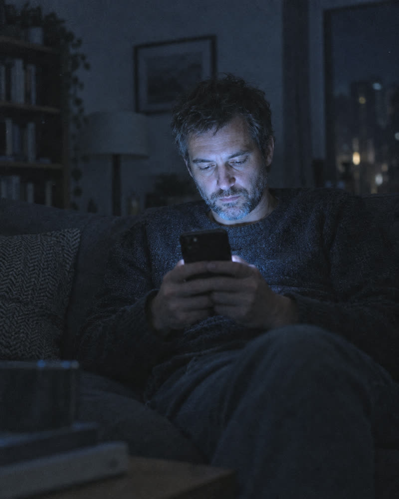 A man alone in a dark room, his face lit by the phone in his hands.